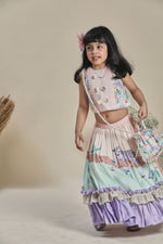 Load image into Gallery viewer, Peach and mint lehenga with frills, blouse, potli bag set
