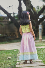 Load image into Gallery viewer, Pink lehenga, yellow butterfly print strappy blouse, Potli bag set
