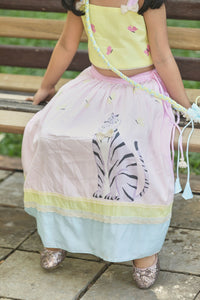 Pink lehenga, yellow butterfly print strappy blouse, Potli bag set