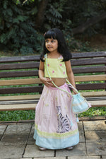 Load image into Gallery viewer, Pink lehenga, yellow butterfly print strappy blouse, Potli bag set
