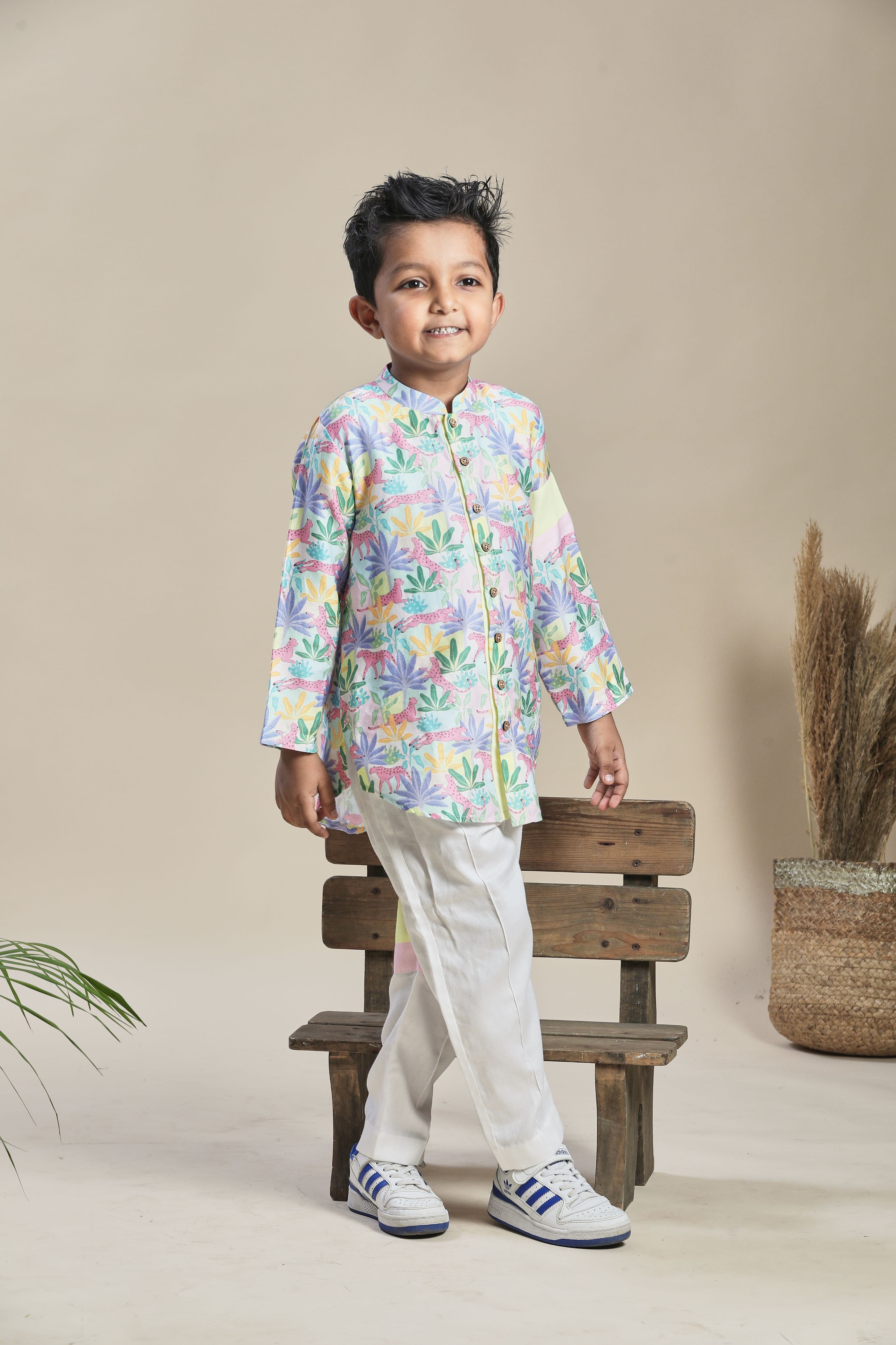 Tropical print short shirt kurta, pants co-ord set