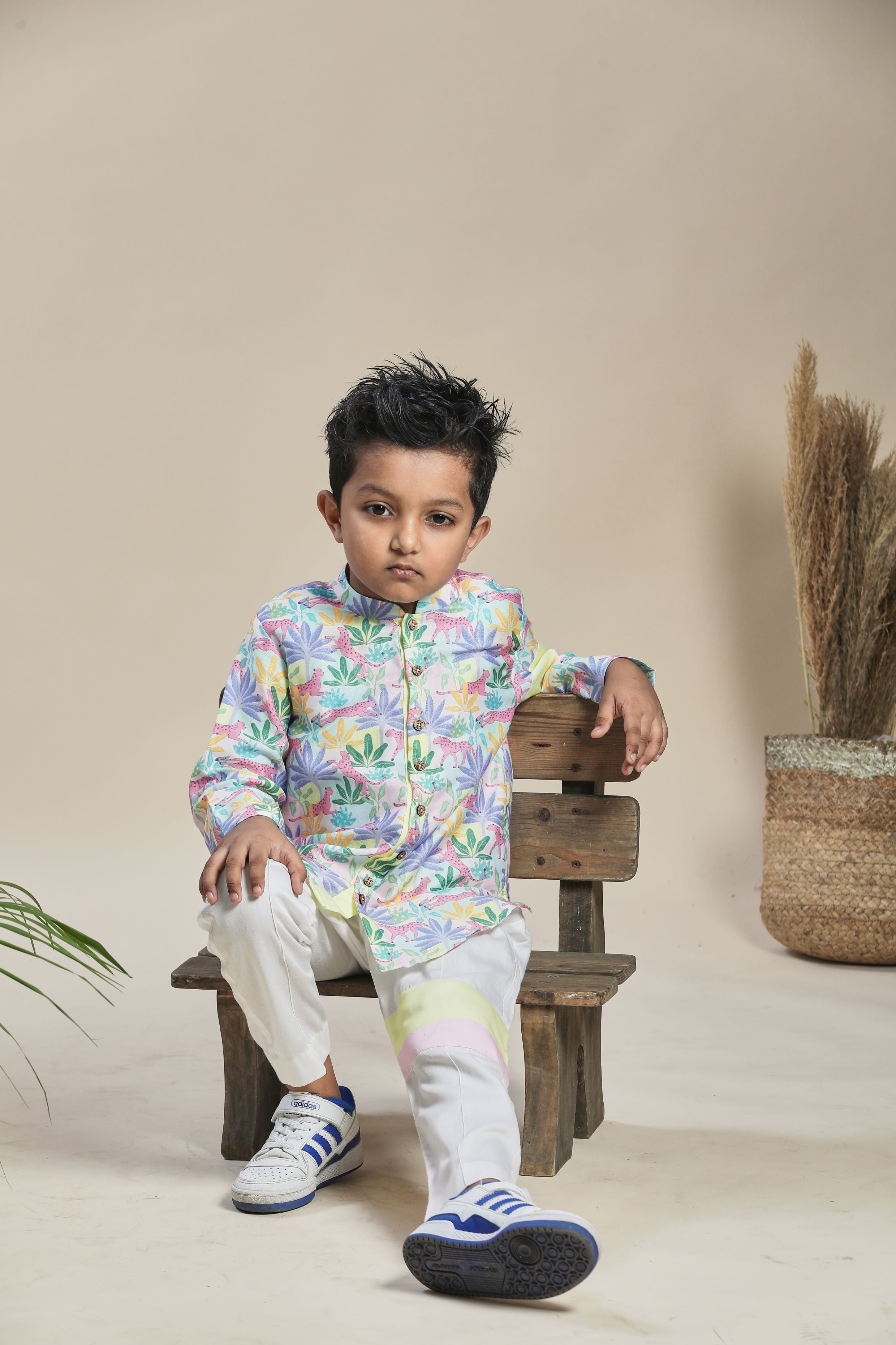 Tropical print short shirt kurta, pants co-ord set