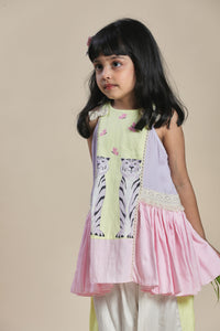 Yellow, lavender and pink A-line kurta with frills and salwar set