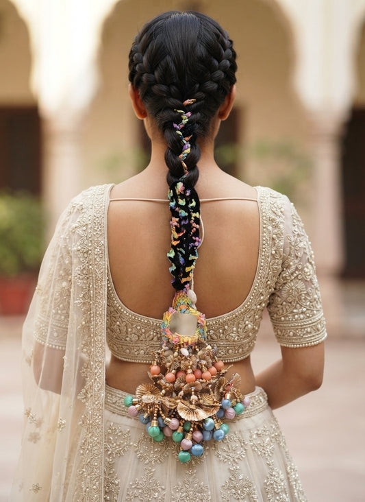 A woman viewed from behind wearing a cream-colored, heavily embroidered traditional Indian outfit with a deep open back. Her long black hair is intricately braided down the center and decorated with a large, ornate gold-toned hair ornament featuring colorful beads and tassels.