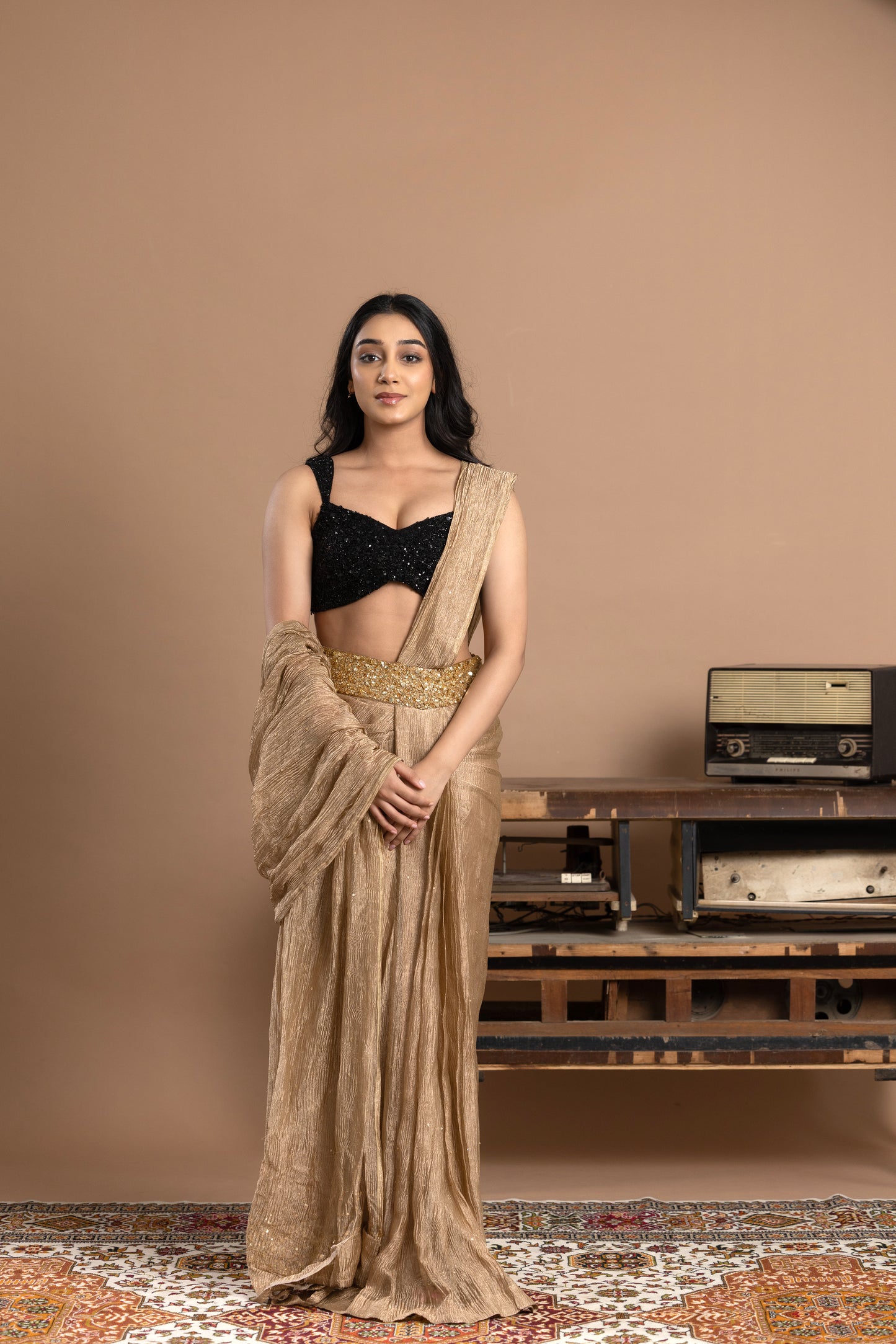 Black & Gold, Sequined Blouse with Pre- draped saree