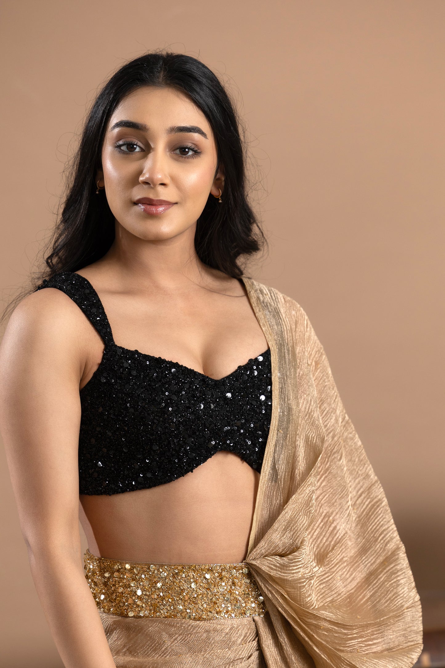 Black & Gold, Sequined Blouse with Pre- draped saree