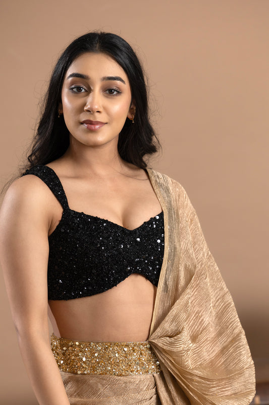 Black & Gold, Sequined Blouse with Pre- draped saree