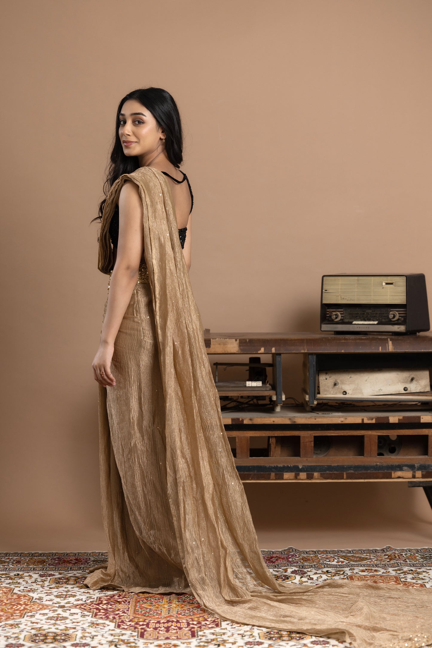 Black & Gold, Sequined Blouse with Pre- draped saree