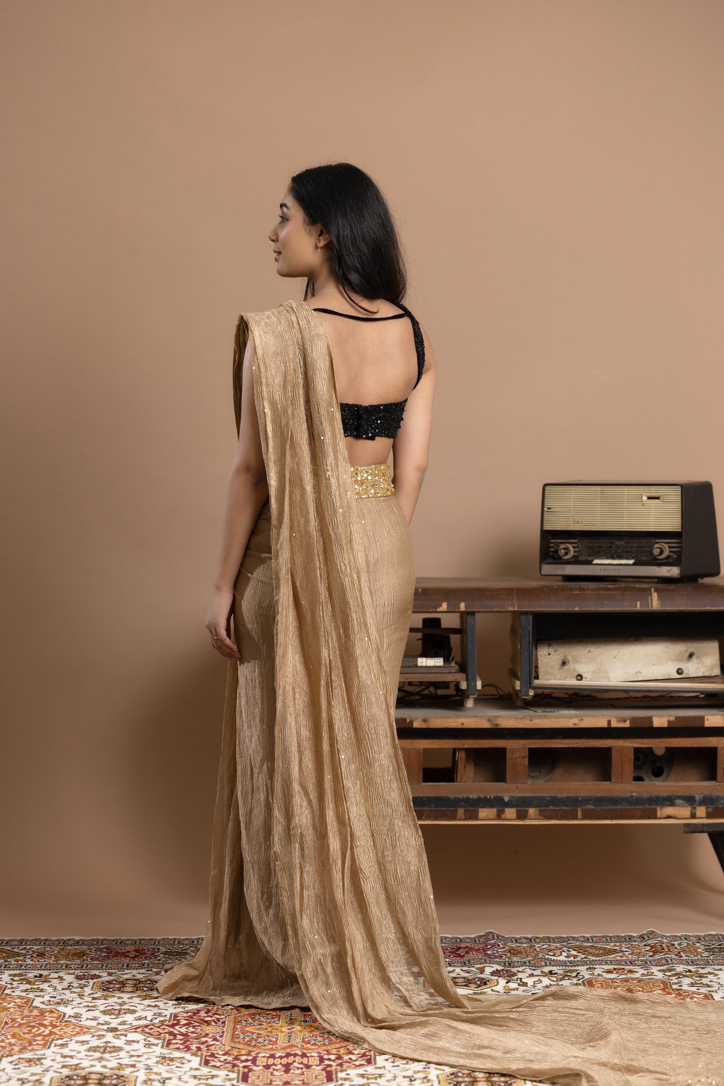 Black & Gold, Sequined Blouse with Pre- draped saree