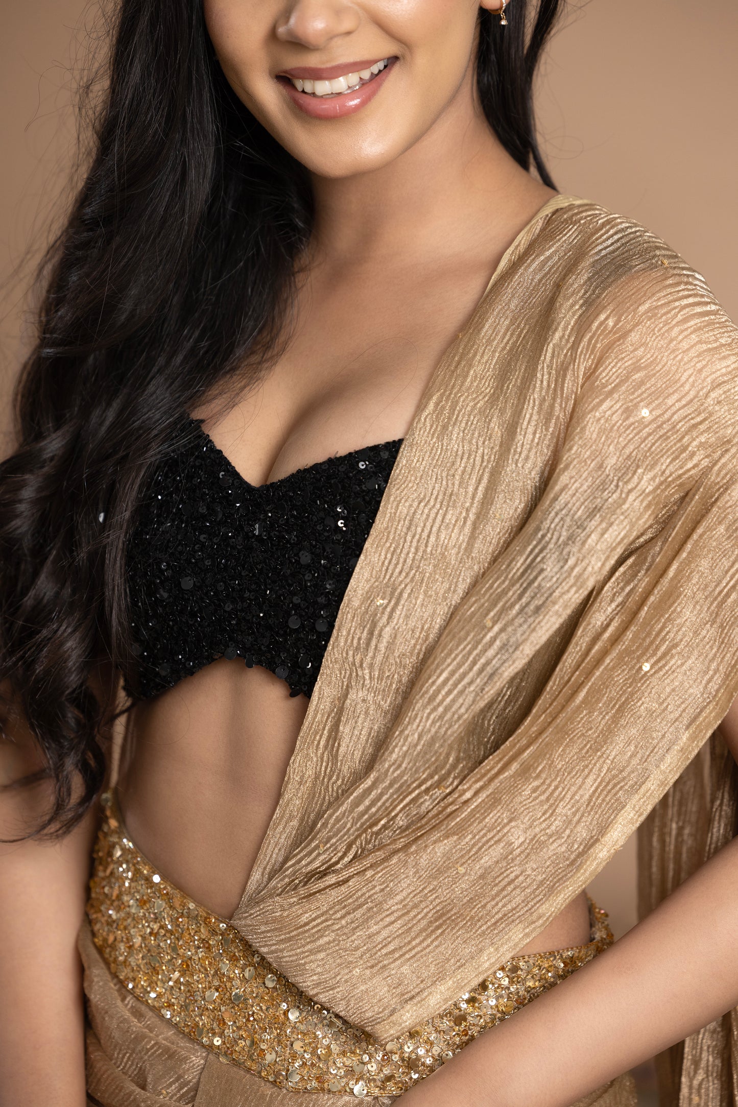 Black & Gold, Sequined Blouse with Pre- draped saree