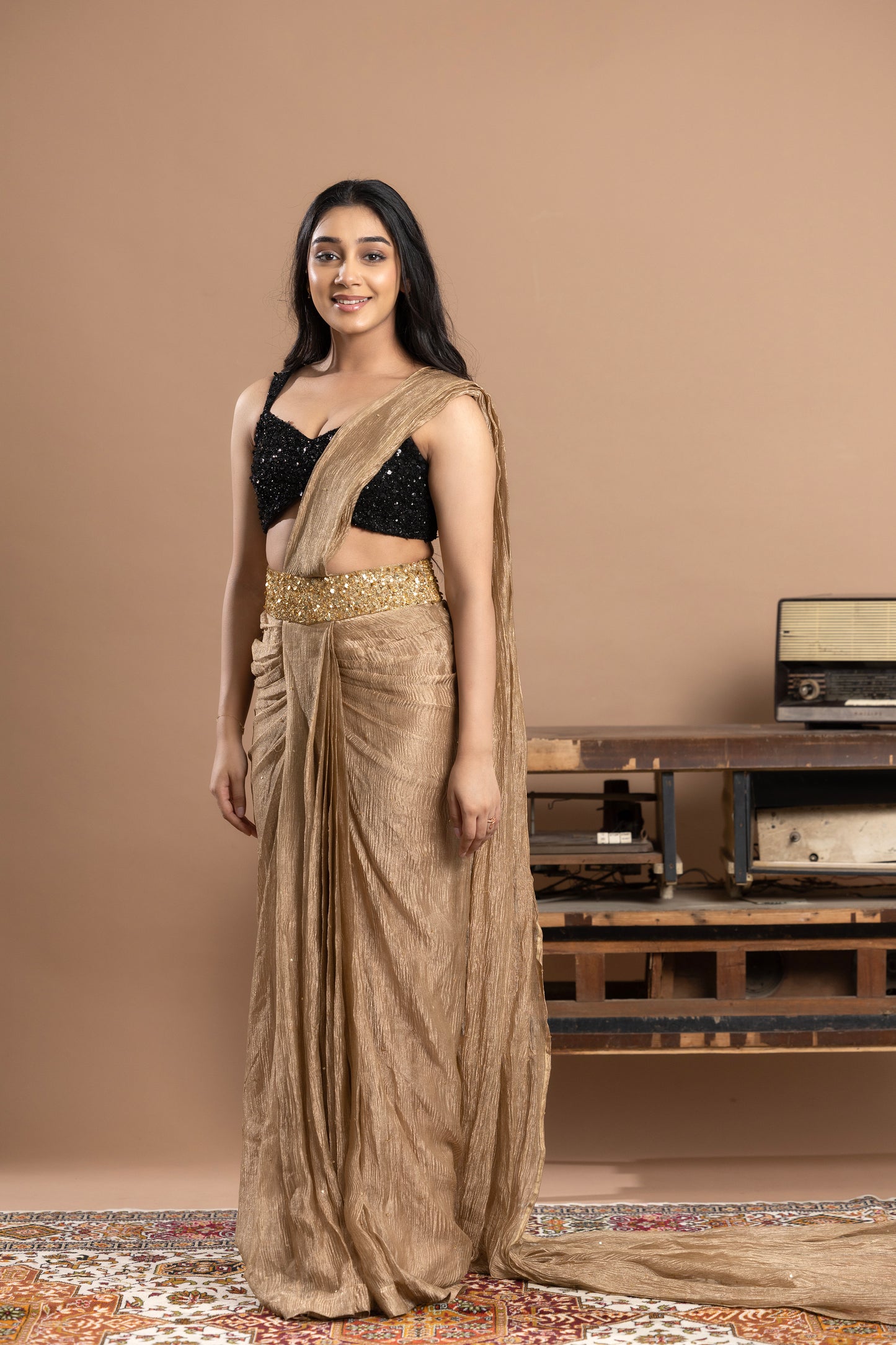Black & Gold, Sequined Blouse with Pre- draped saree
