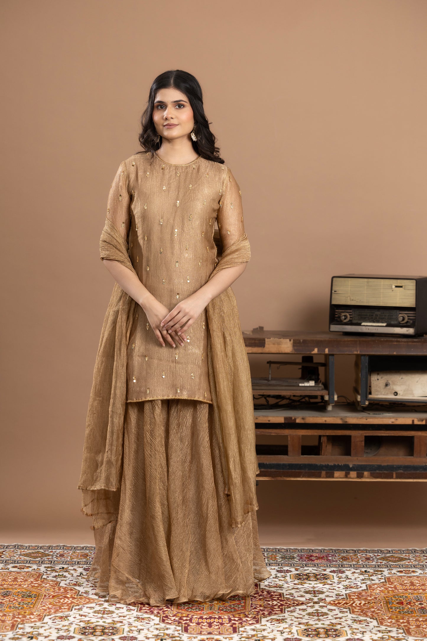 Rivaaj Organza short kurta, gharara & dupatta - Golden