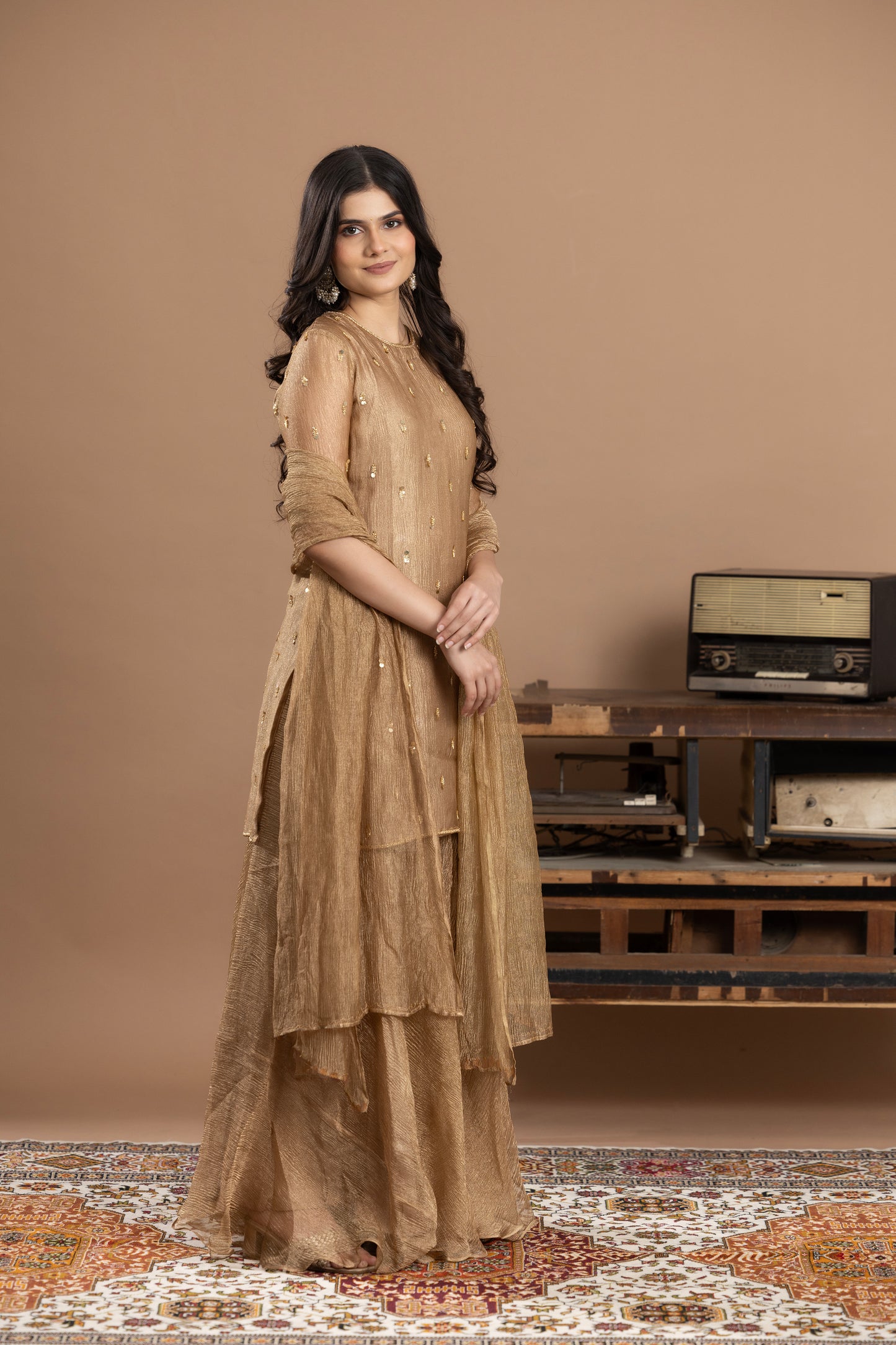 Rivaaj Organza short kurta, gharara & dupatta - Golden