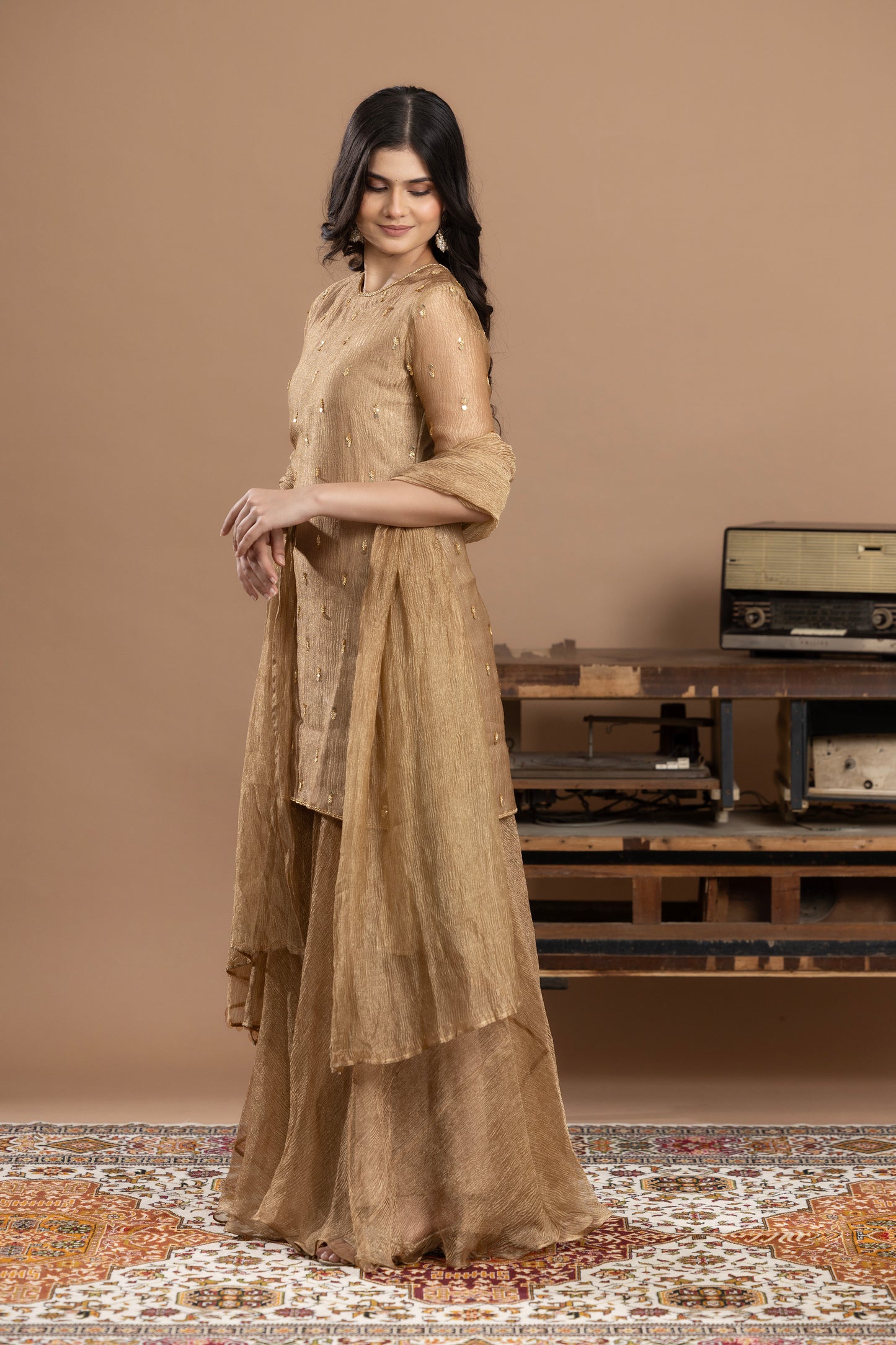 Rivaaj Organza short kurta, gharara & dupatta - Golden