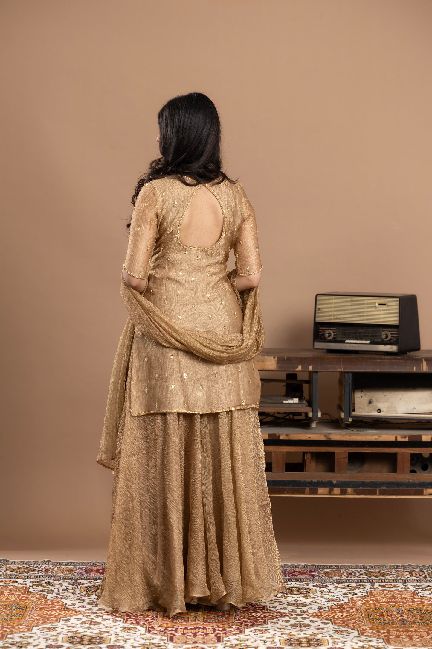 Rivaaj Organza short kurta, gharara & dupatta - Golden