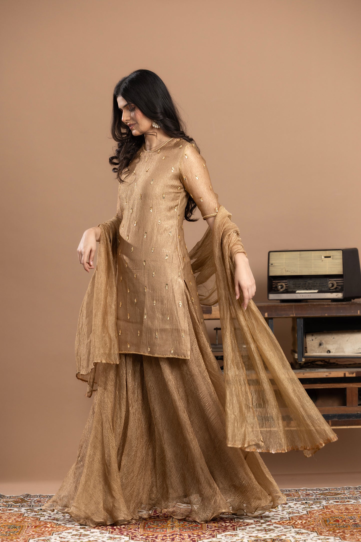 Rivaaj Organza short kurta, gharara & dupatta - Golden