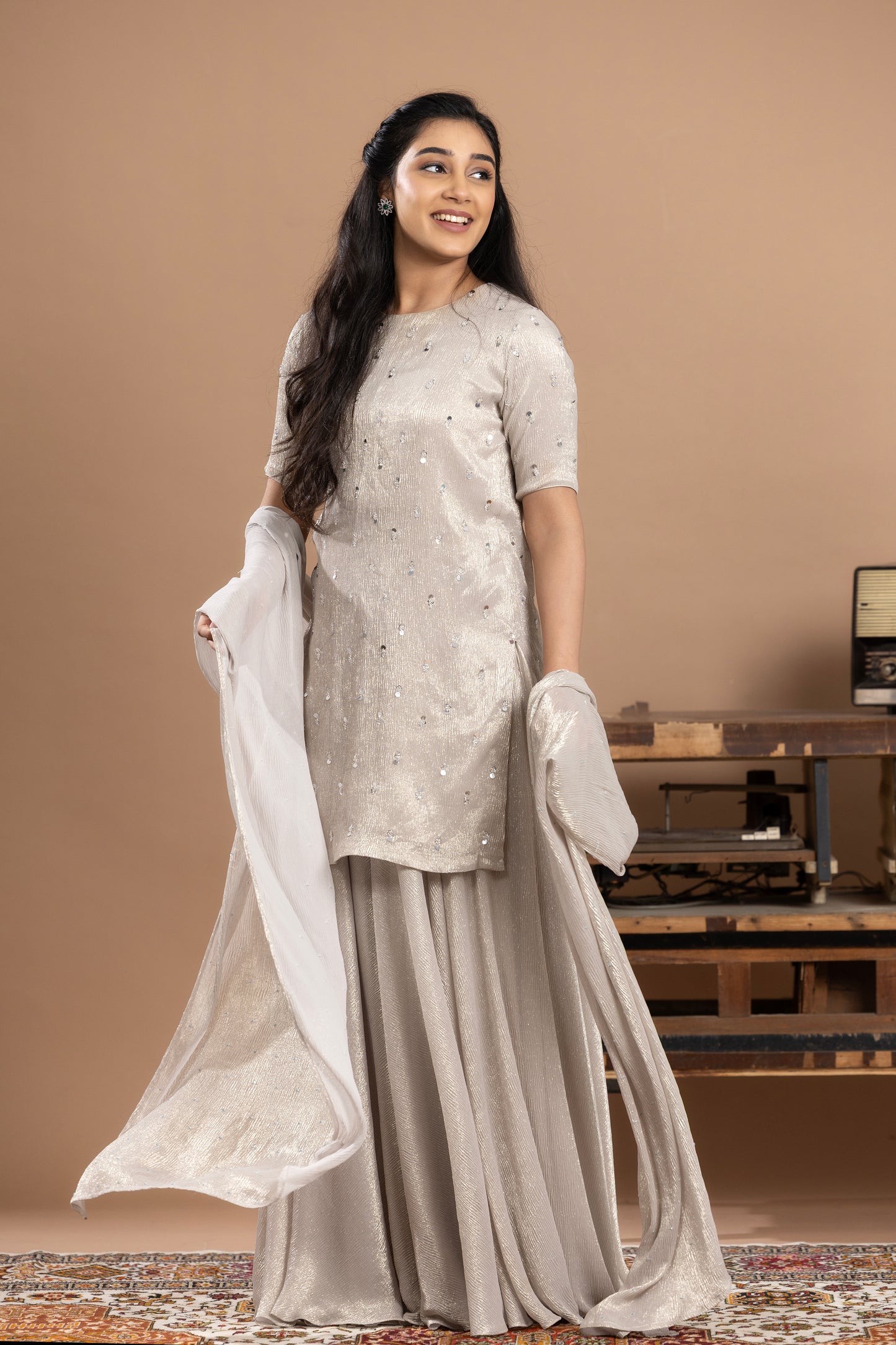 Rivaaj Organza short kurta, gharara & dupatta - Silver