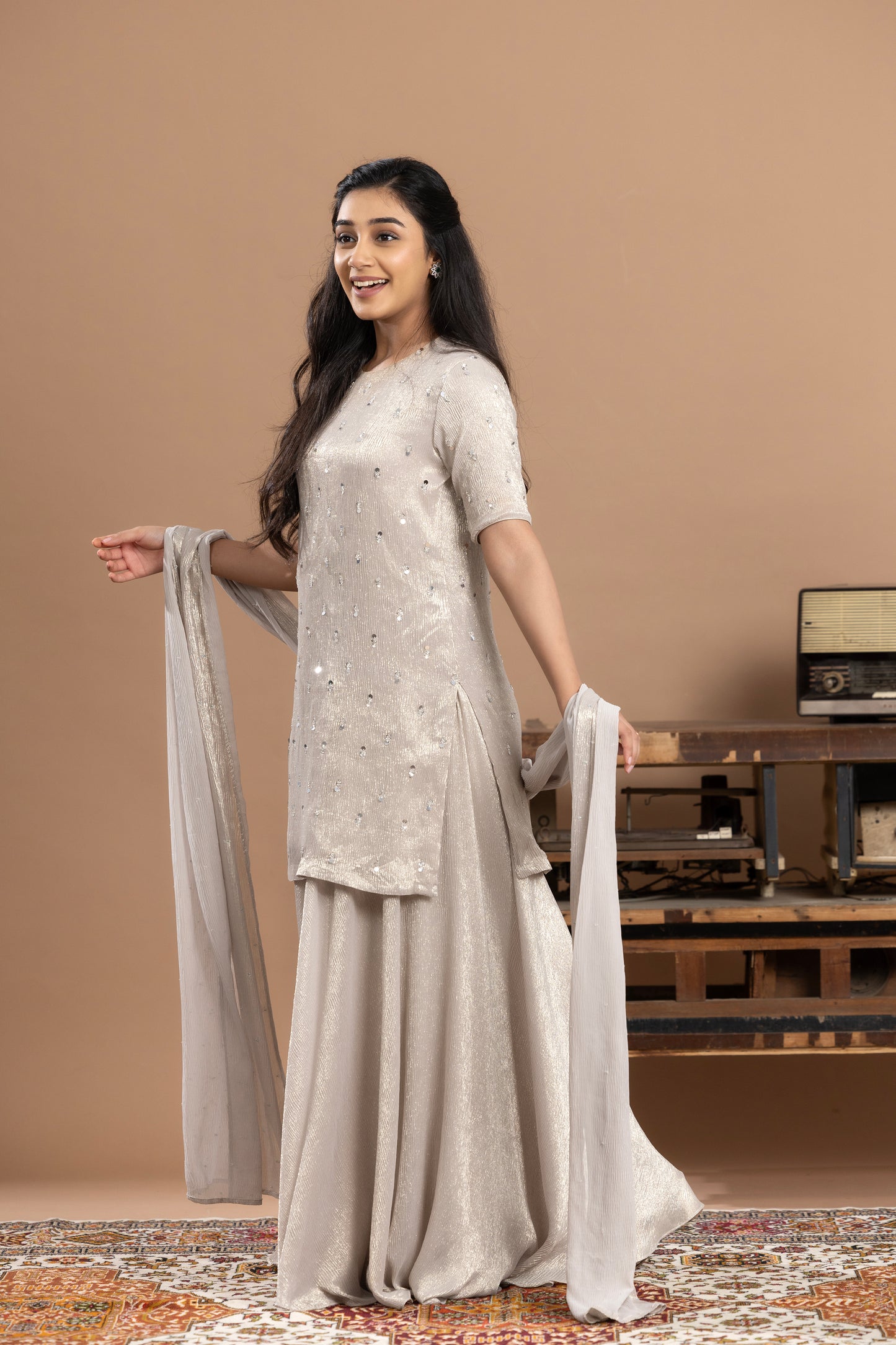 Rivaaj Organza short kurta, gharara & dupatta - Silver