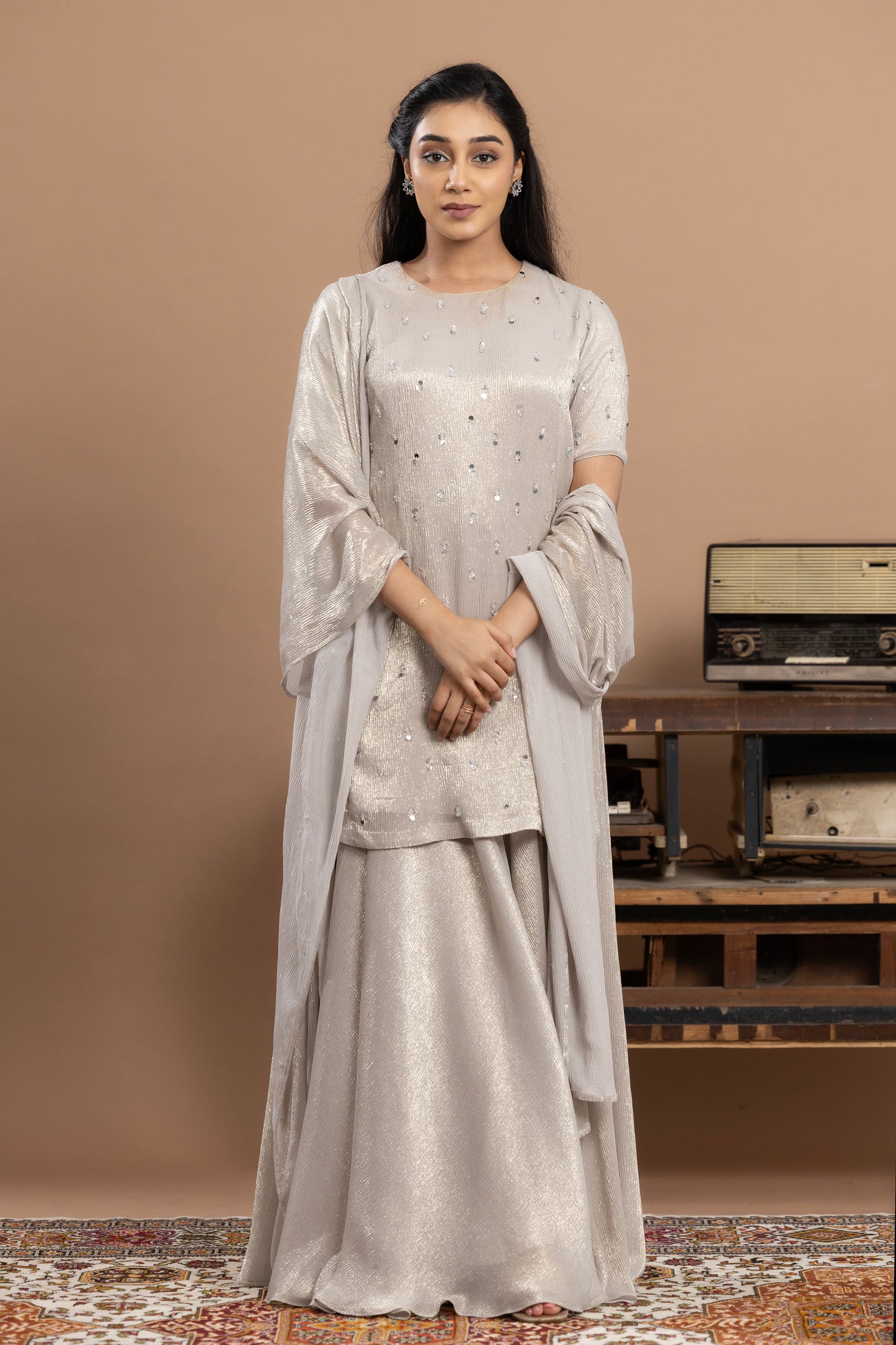 Rivaaj Organza short kurta, gharara & dupatta - Silver