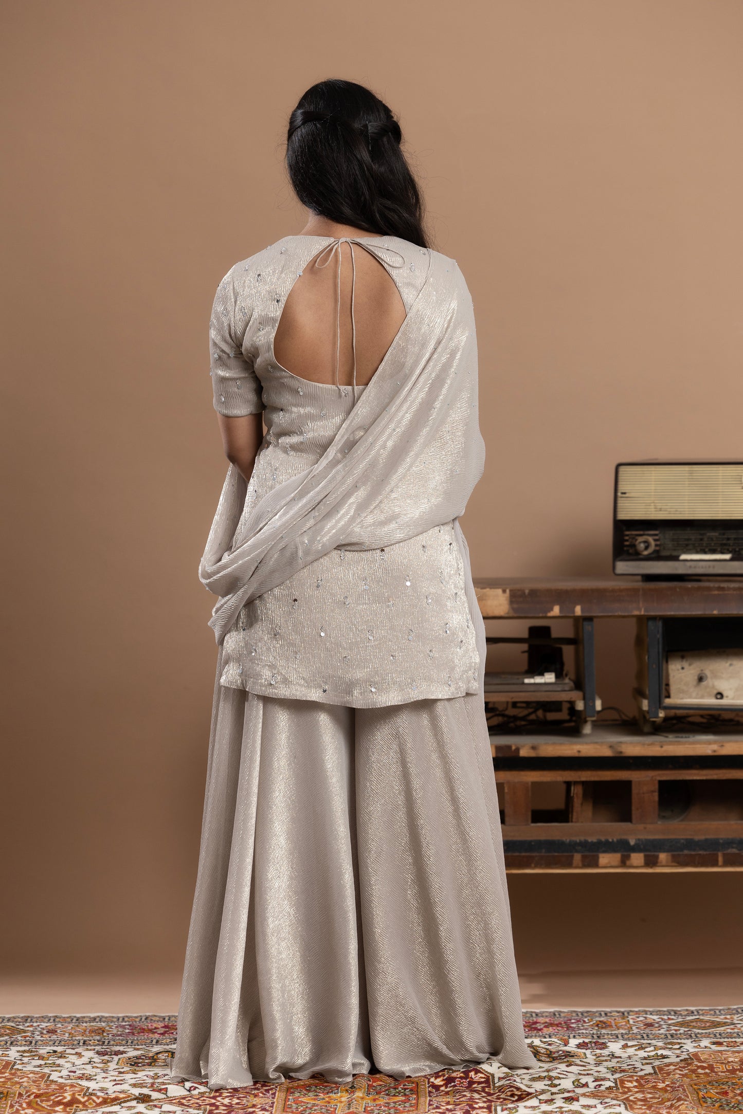 Rivaaj Organza short kurta, gharara & dupatta - Silver