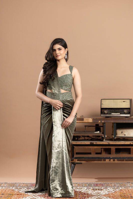 Sage green Sequined Blouse with Pre- draped saree