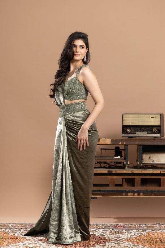Sage green Sequined Blouse with Pre- draped saree