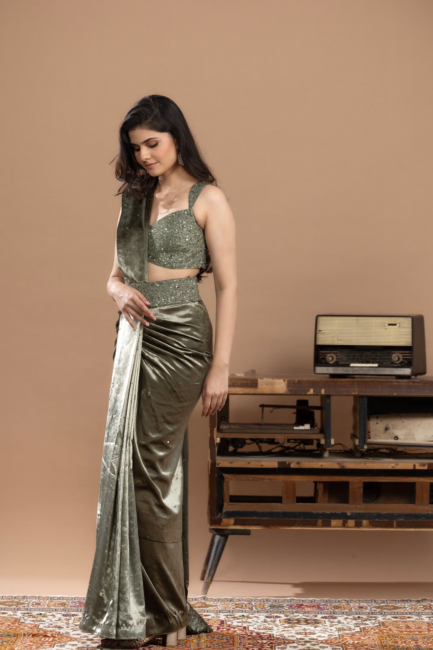 Sage green Sequined Blouse with Pre- draped saree