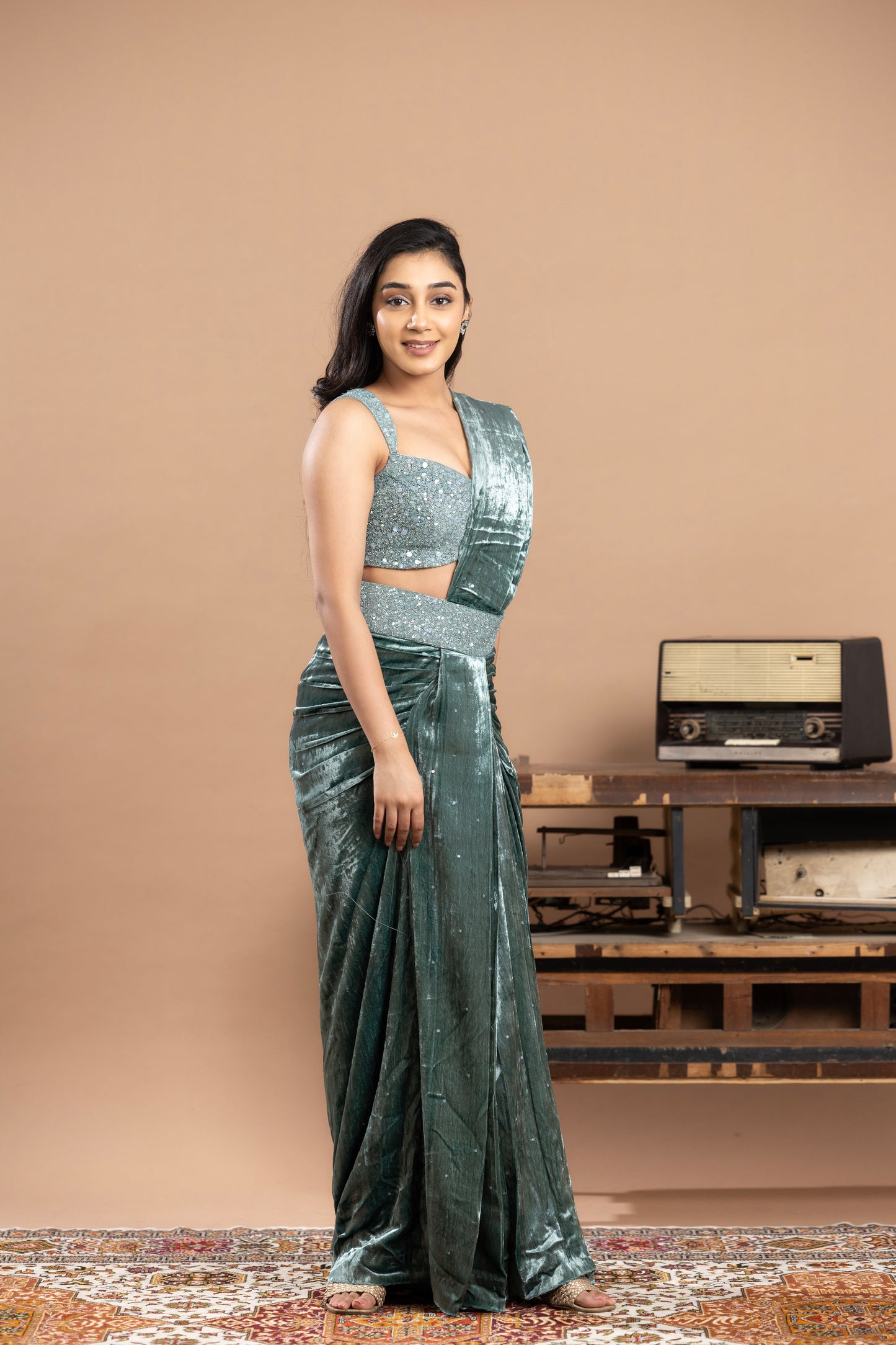 Sage green Sequined Blouse with Pre- draped saree
