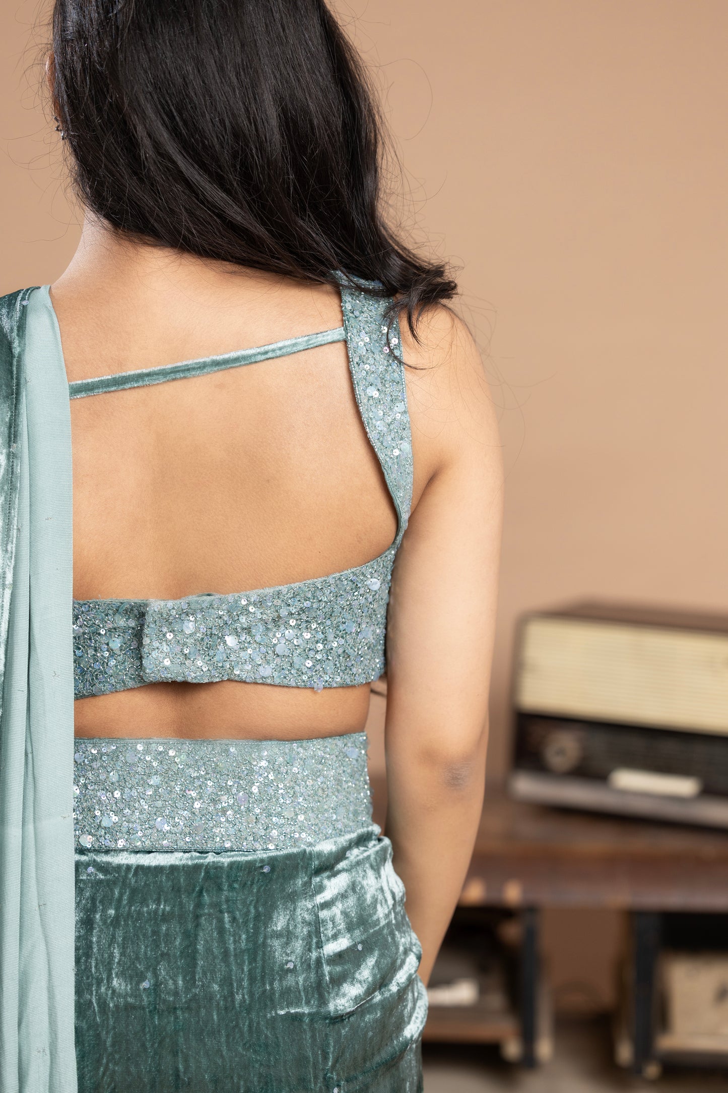 Sage green Sequined Blouse with Pre- draped saree