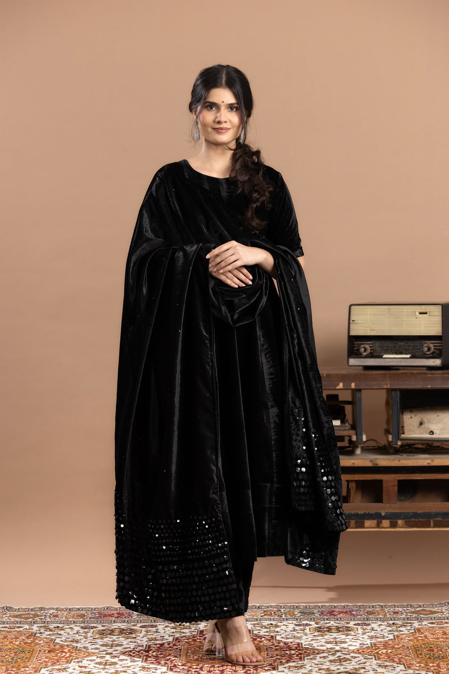 Sequined Anarkali with dupatta - Black