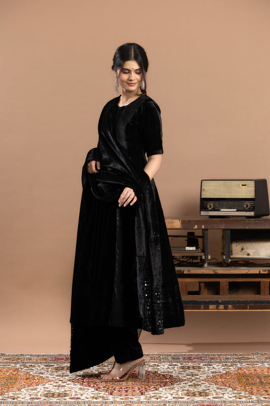 Sequined Anarkali with dupatta - Black