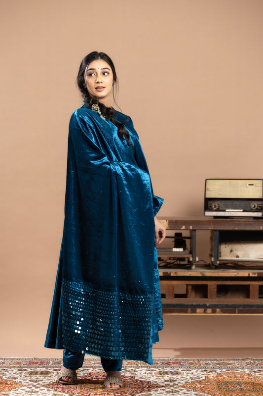 Sequined Anarkali with dupatta - Blue
