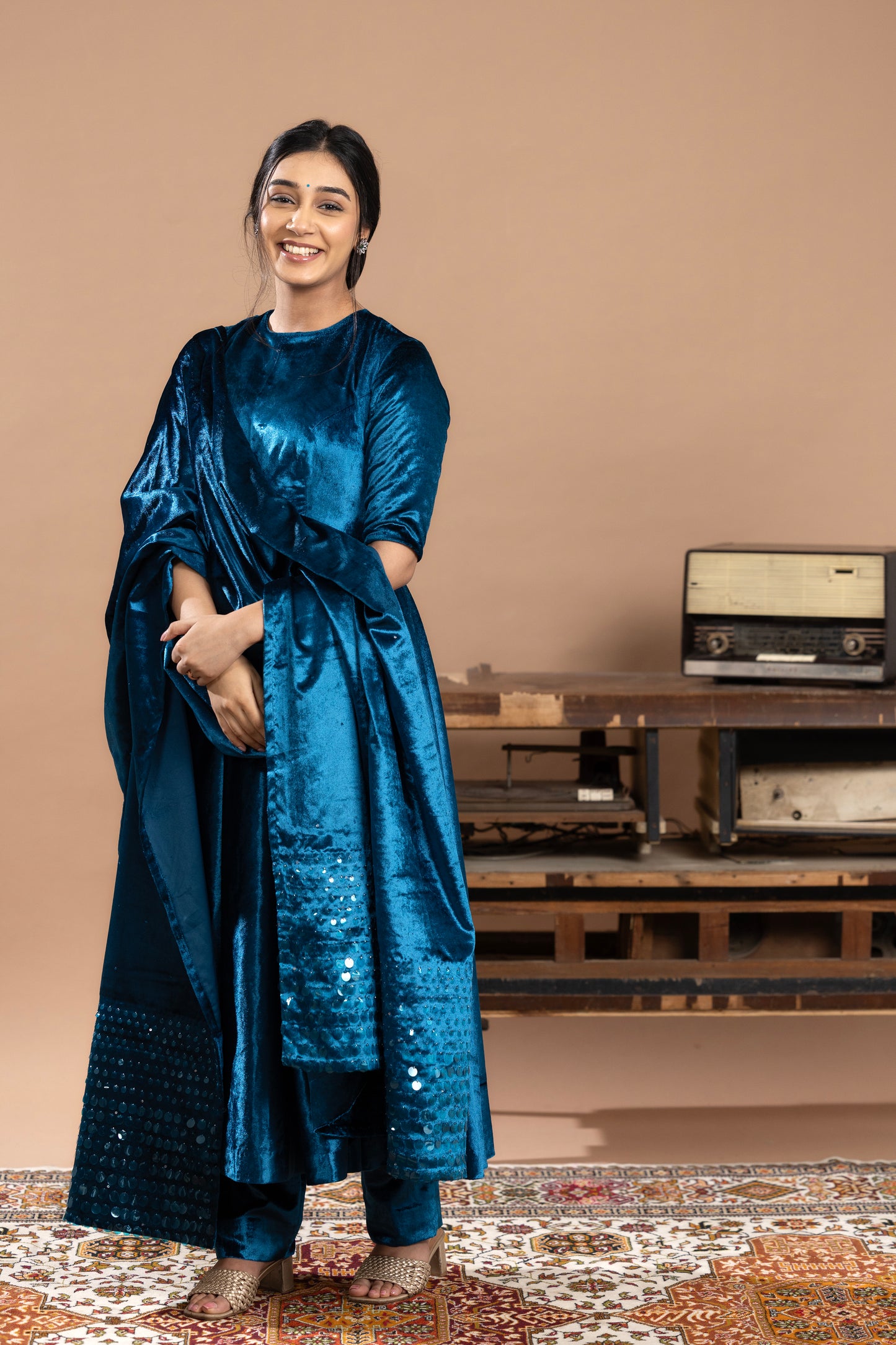 Sequined Anarkali with dupatta - Blue