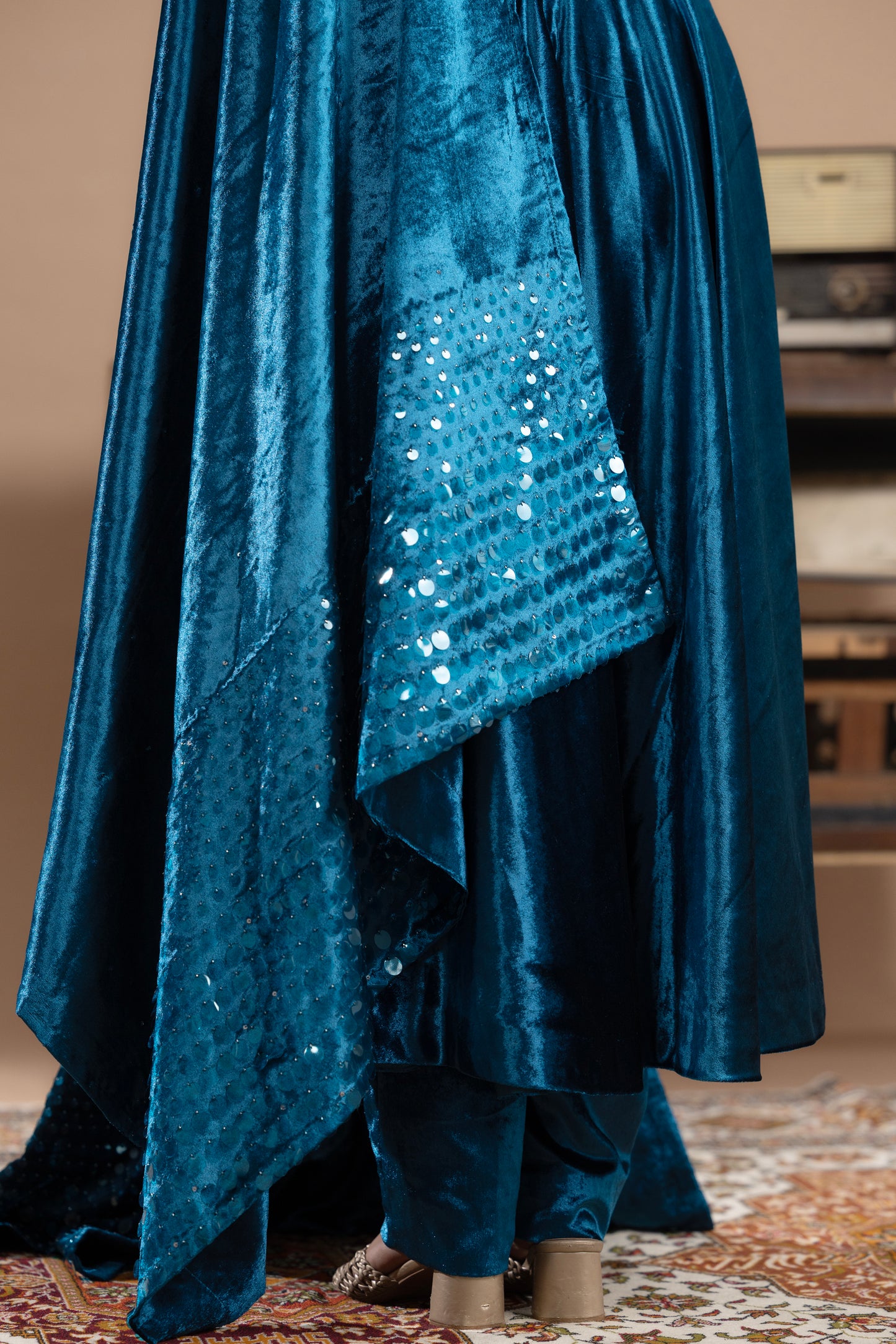 Sequined Anarkali with dupatta - Blue