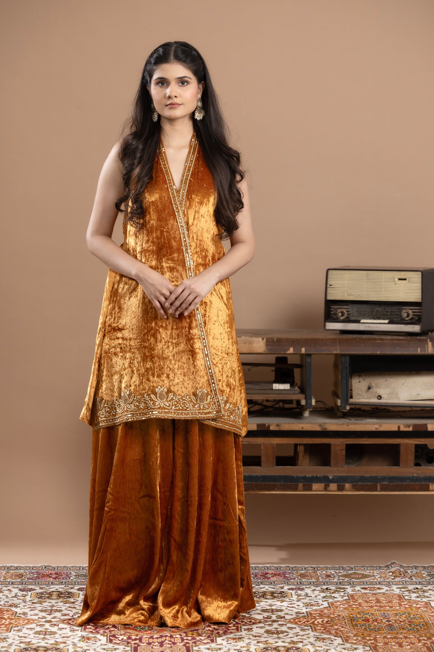 Rivaaj Short kurta, Gharara & dupatta - Burnt Orange and golden