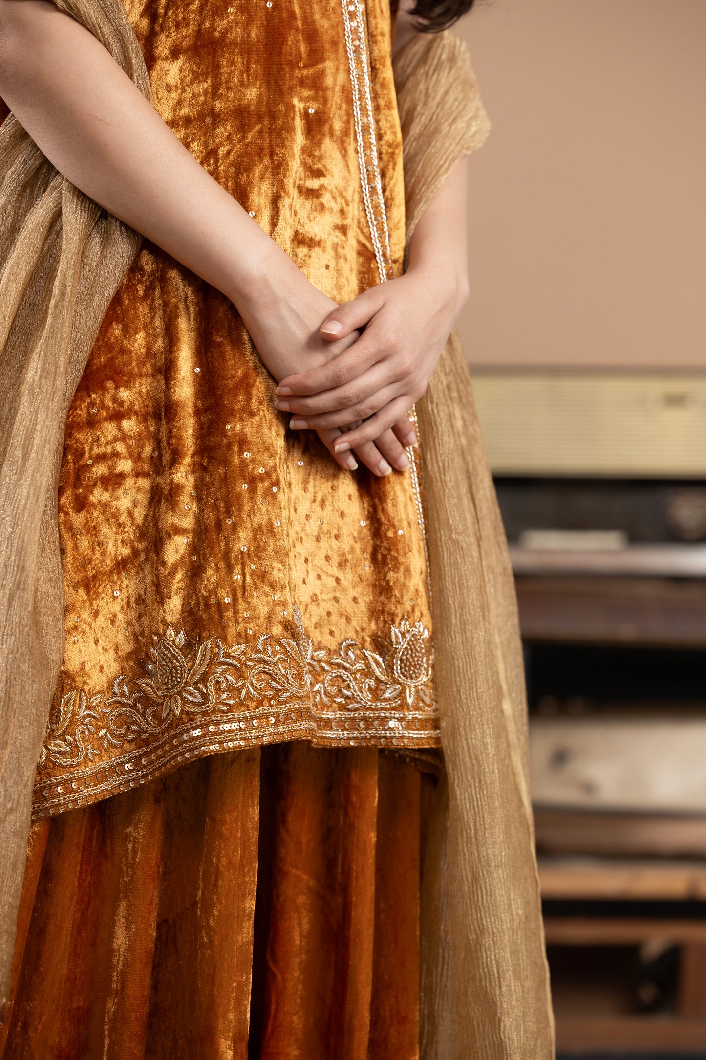 Rivaaj Short kurta, Gharara & dupatta - Burnt Orange and golden