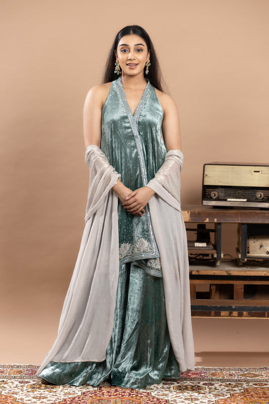 Rivaaj Short kurta, Gharara & dupatta - Aqua Blue and Silver