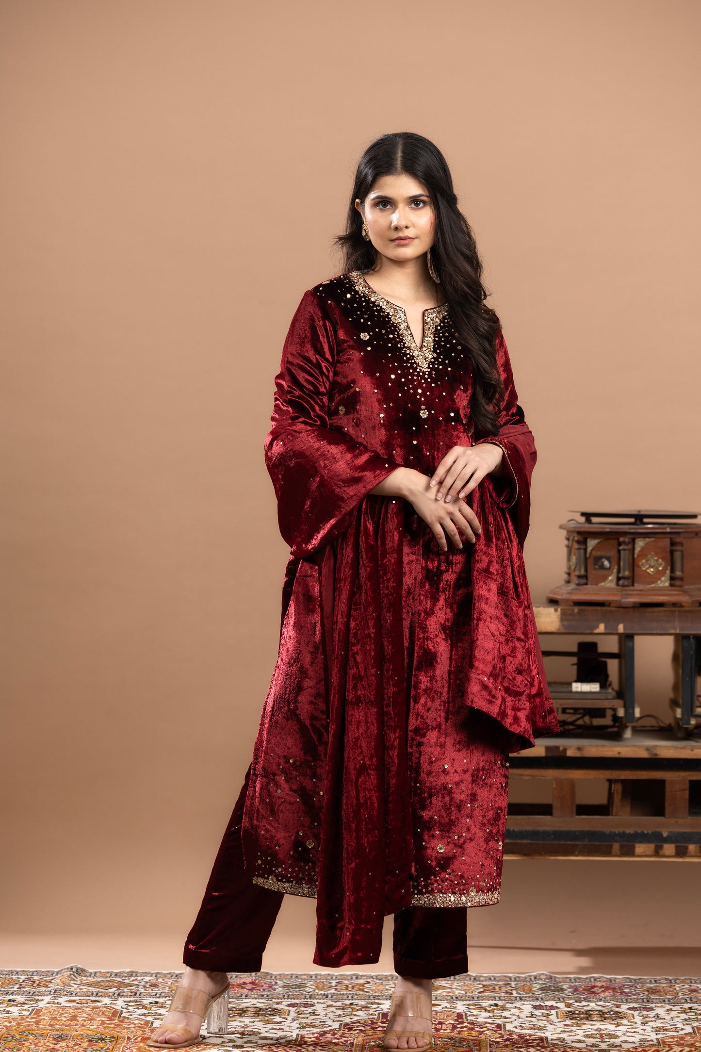 Rivaaj Velvet Kurta with dupatta - Maroon