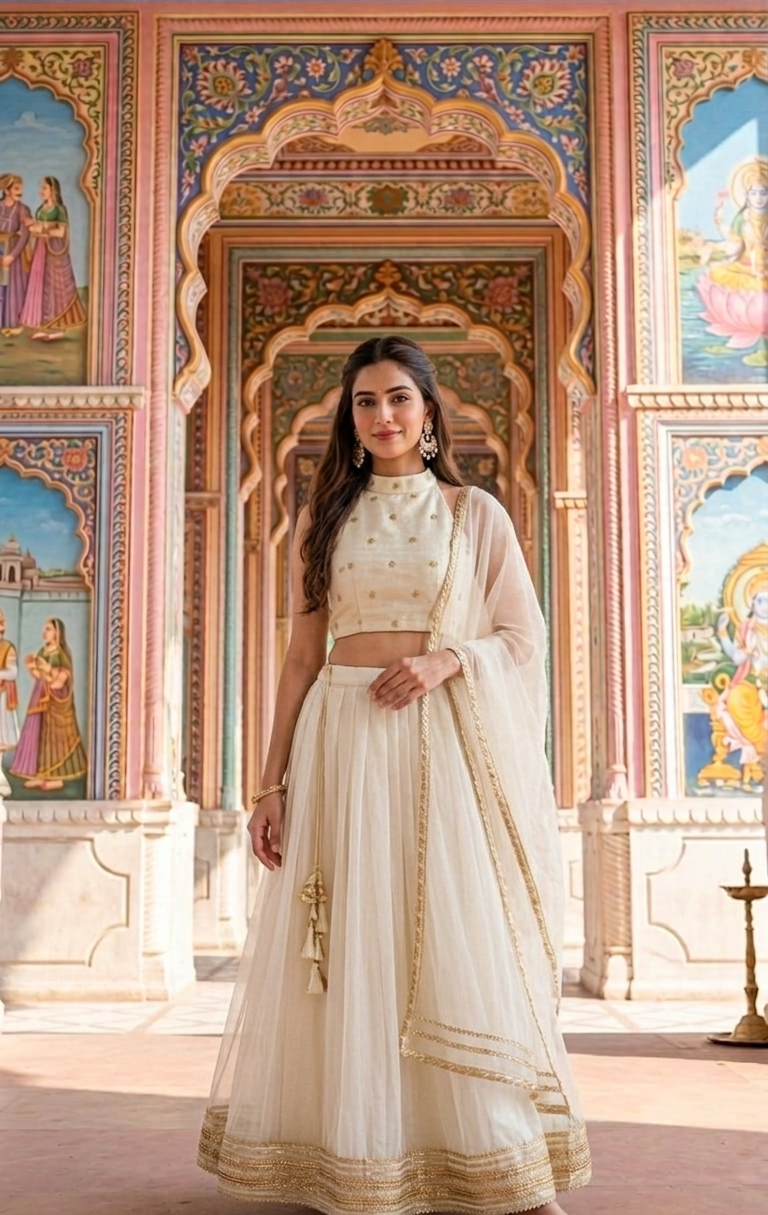 A woman models a cream-colored traditional Indian outfit with gold embroidery, consisting of a crop top, flared skirt, and dupatta, set against an ornate, colorful palace archway.