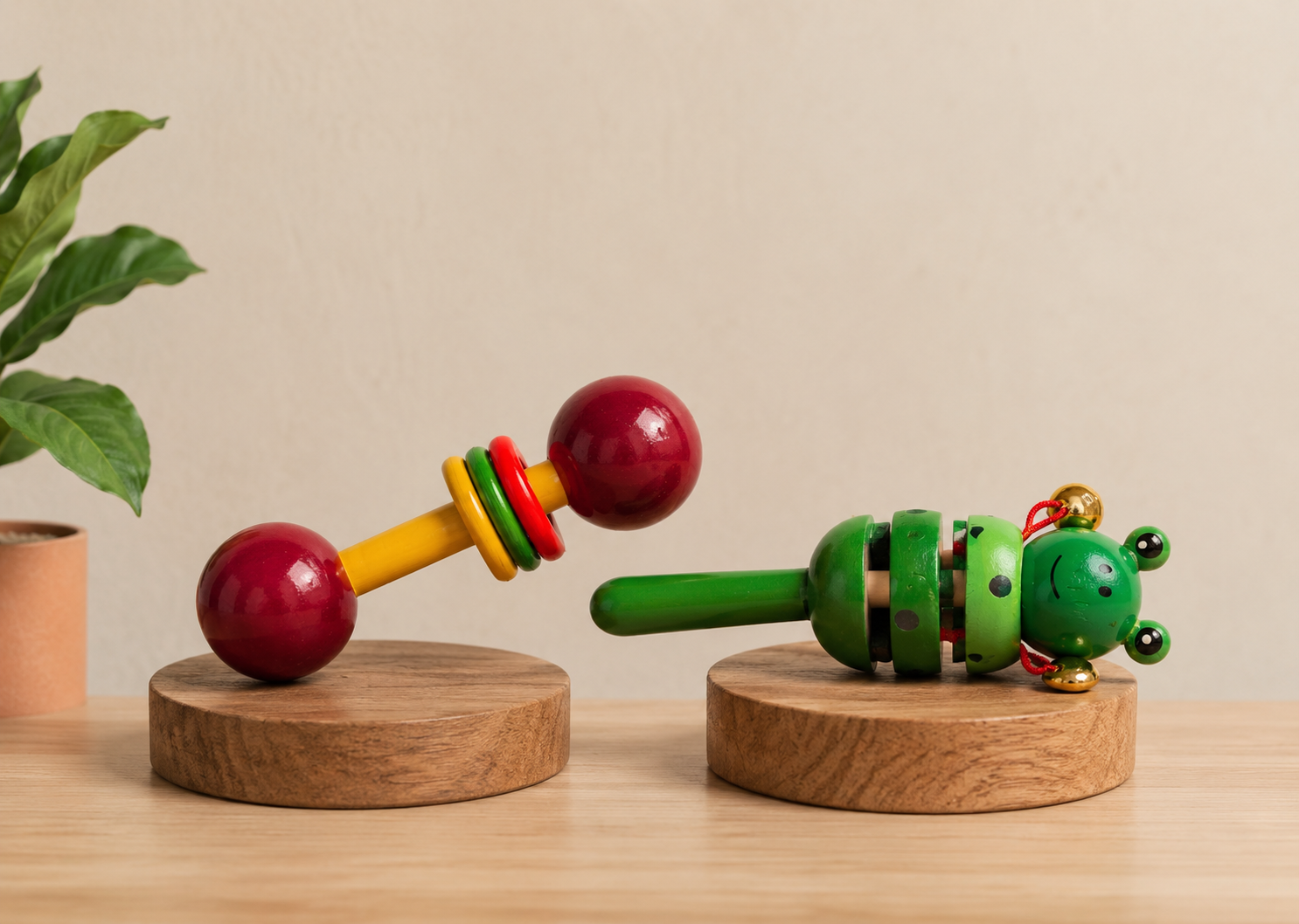 Colorful wooden toys on wooden stands with a beige background