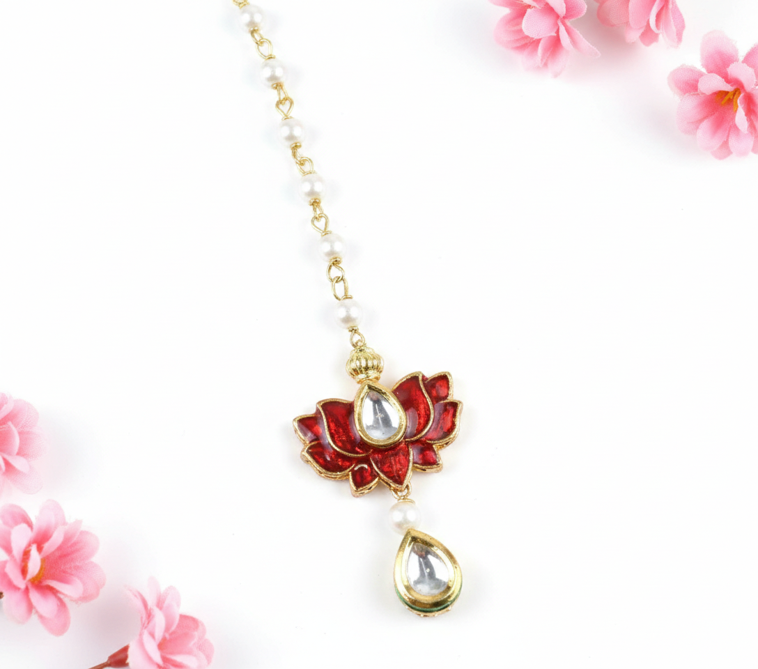 Red Lotus Kundan and Pearl Maang Tikka for Little Girls