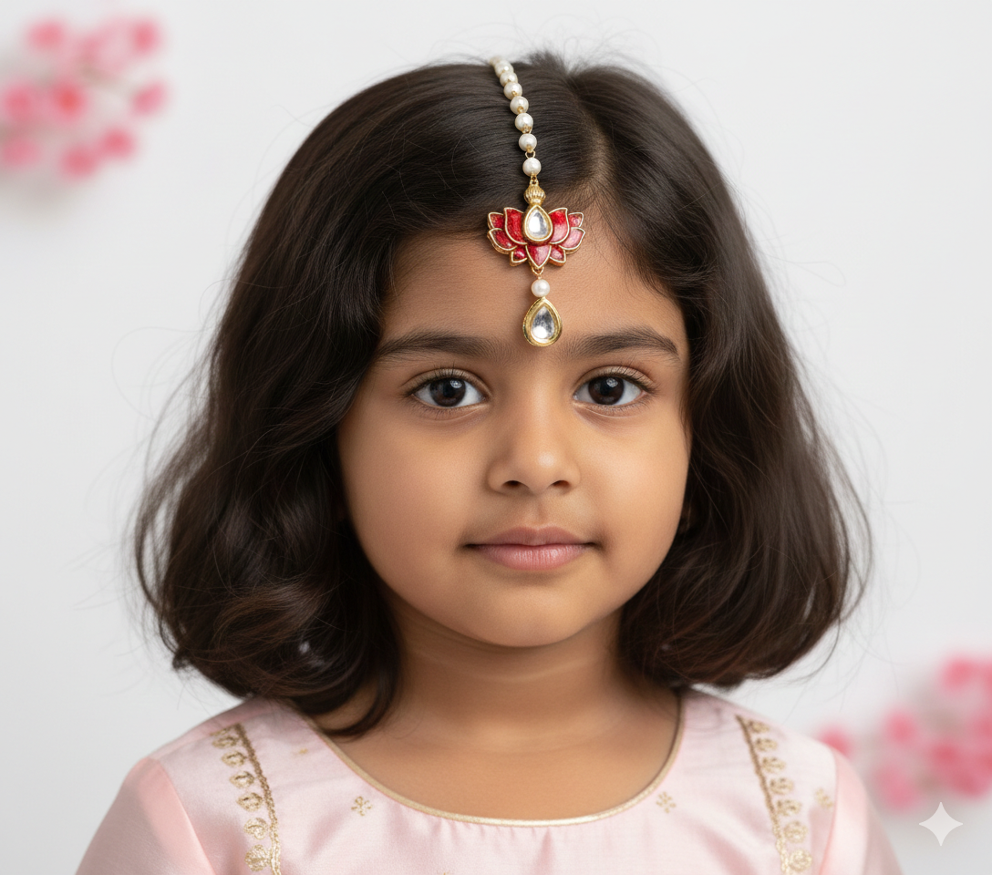 red kundan lotus tikka for girls