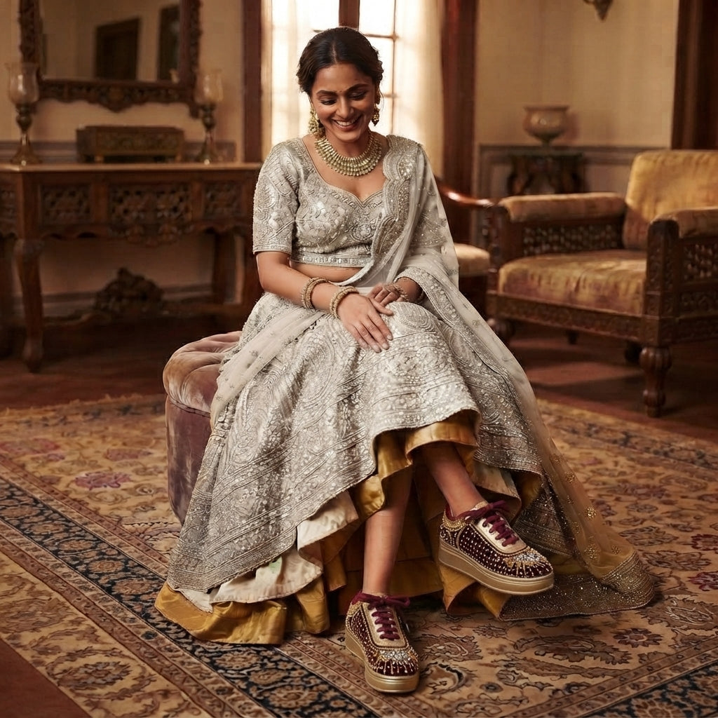 A woman wearing a heavily embellished silver and gold lehenga choli suit sits on a velvet stool in an ornate traditional room. She is wearing gold jewelry and patterned platform sneakers.
