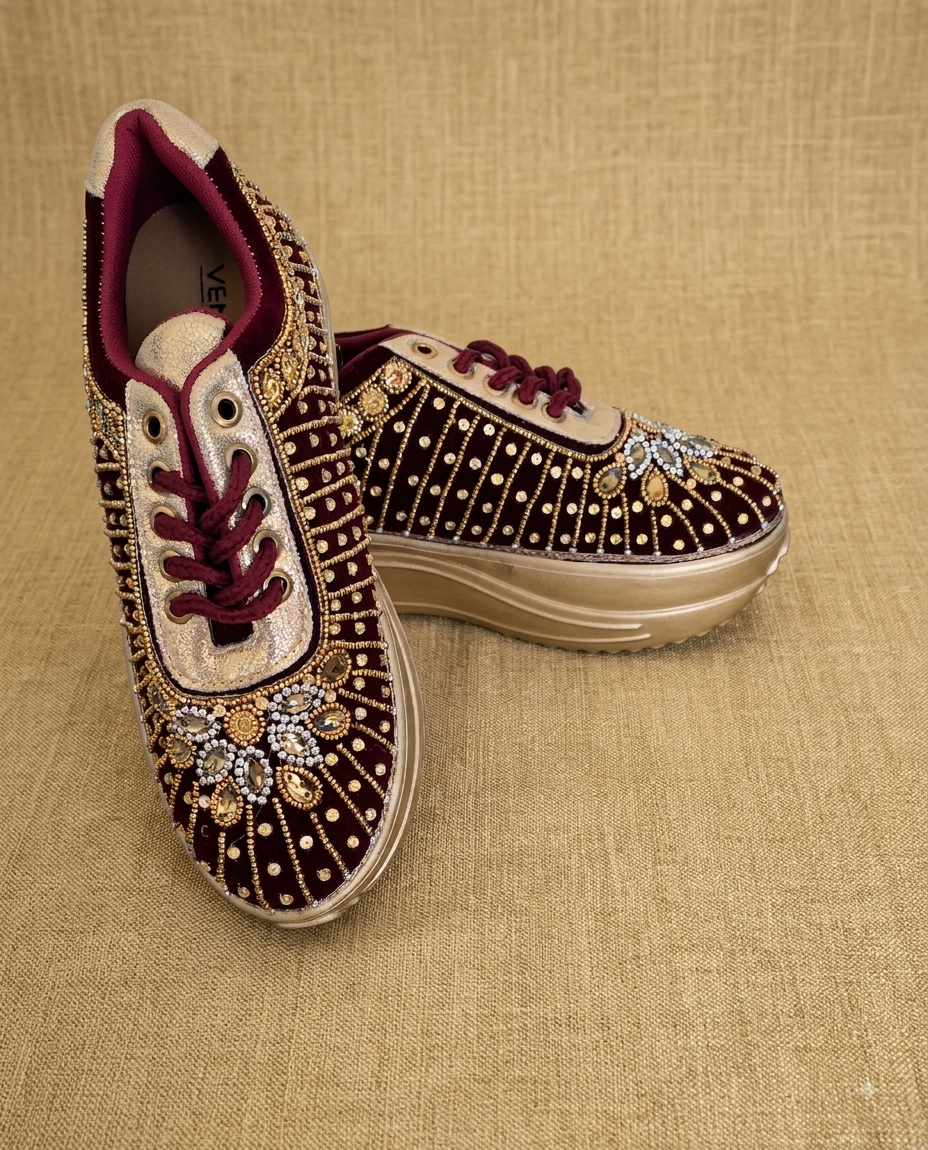 A pair of low-top platform sneakers with deep burgundy velvet uppers heavily embellished with gold and silver rhinestones, featuring burgundy laces and a beige platform sole, set against a textured beige fabric background.