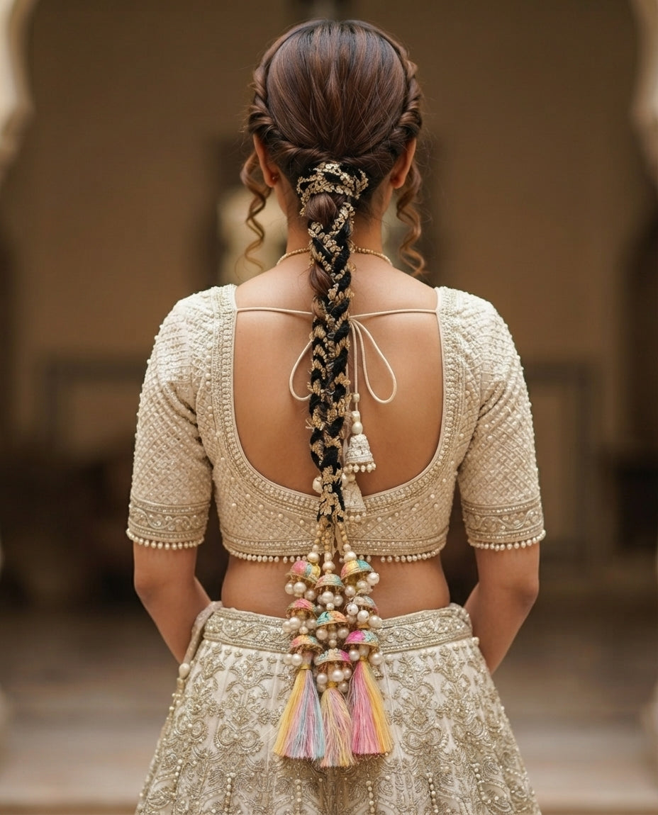 A woman shown from behind wearing a cream-colored embroidered traditional outfit with a long braided hairpiece adorned with beads and tassels.