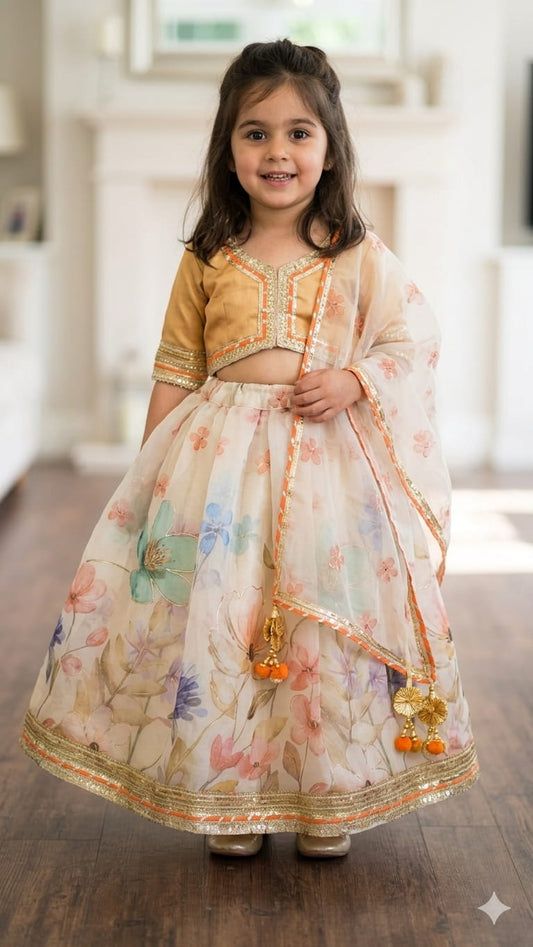 A young girl modeling a traditional Indian ethnic wear set consisting of a mustard yellow embroidered crop top, a heavily printed cream lehenga skirt with floral motifs, and a matching sheer dupatta draped over her shoulder.