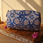 Load image into Gallery viewer, Block Printed Dark Blue Floral Toiletry Bag - Set of 3
