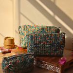 Load image into Gallery viewer, Block Printed Light Green Floral Toiletry Bag - Set of 3

