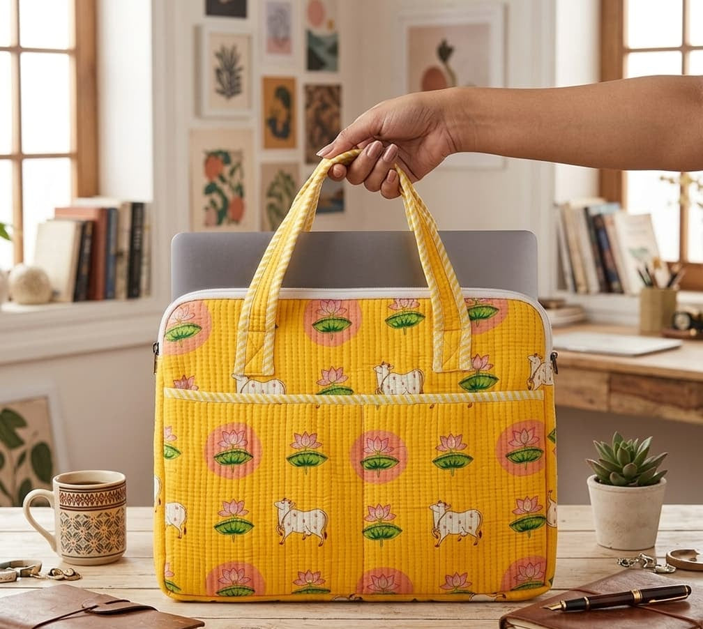 pichwai print office laptop bag with 2 pockets