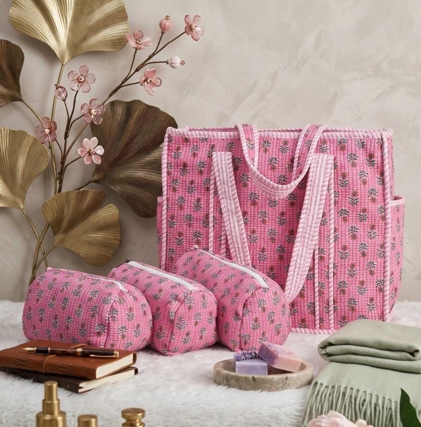 Pink Floral Motif tote bag with pouches and bottle holder